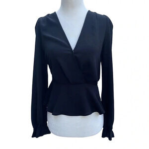 Lulus v-neck peplum black blouse top. Elastic sleeve cuffs, button at bust.